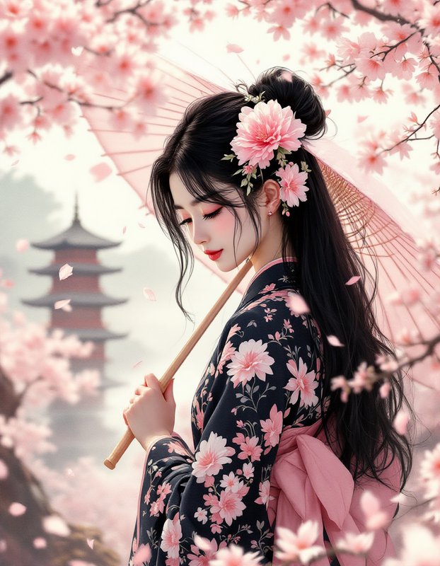 Elegant young woman in floral kimono holds a pink paper umbrella, surrounded by falling cherry bl...