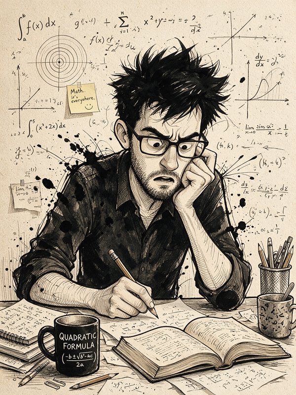 Ink sketch of frazzled glasses-wearing math student working at a cluttered desk covered in equati...