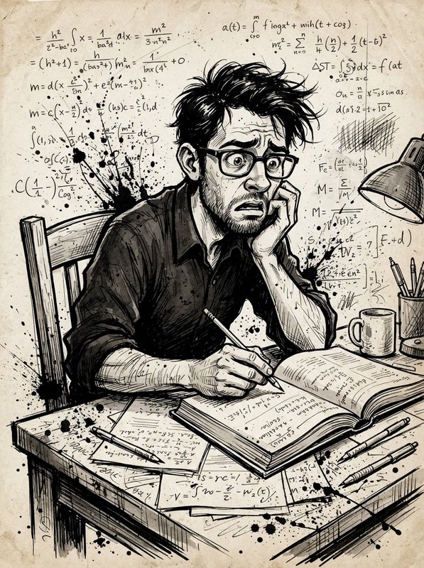Overwhelmed stressed man with glasses stares at complex math formulas while studying at a clutter...
