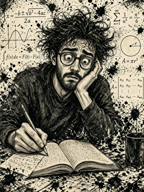 Overwhelmed disheveled bespectacled math student stares stressed, surrounded by math formulas, in...