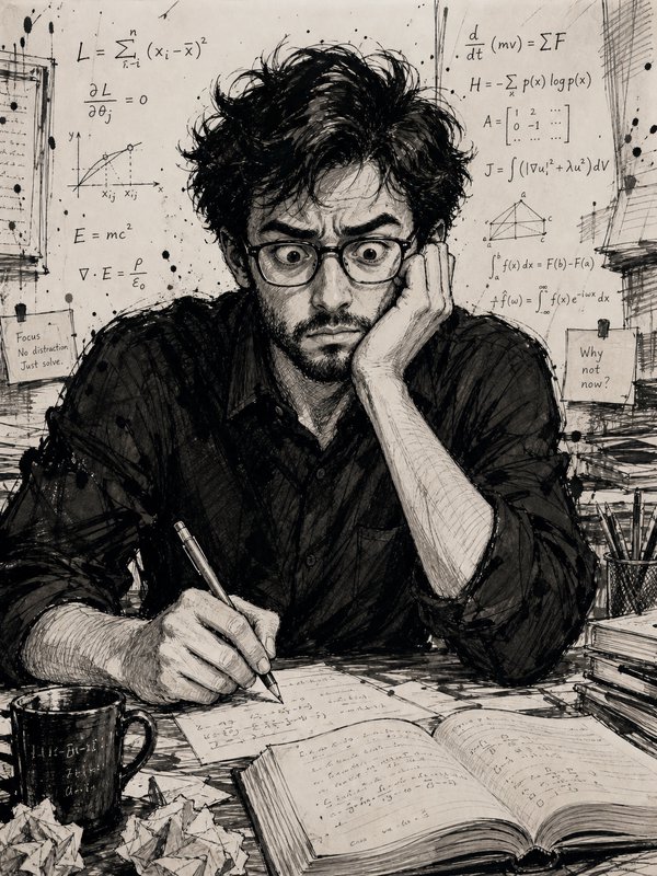 Monochrome ink sketch of stressed glasses-wearing mathematician working at a cluttered desk cover...