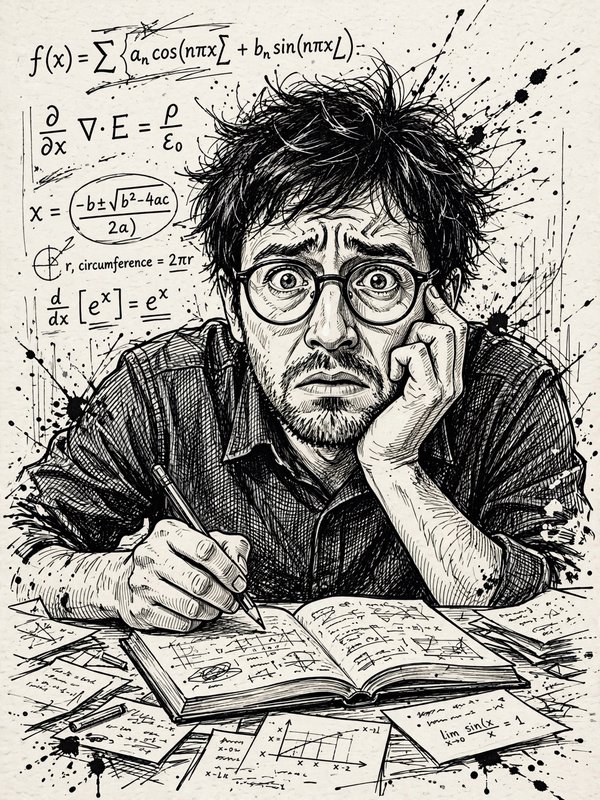 Overwhelmed stressed math student with messy hair and glasses sits at a desk covered in math equa...