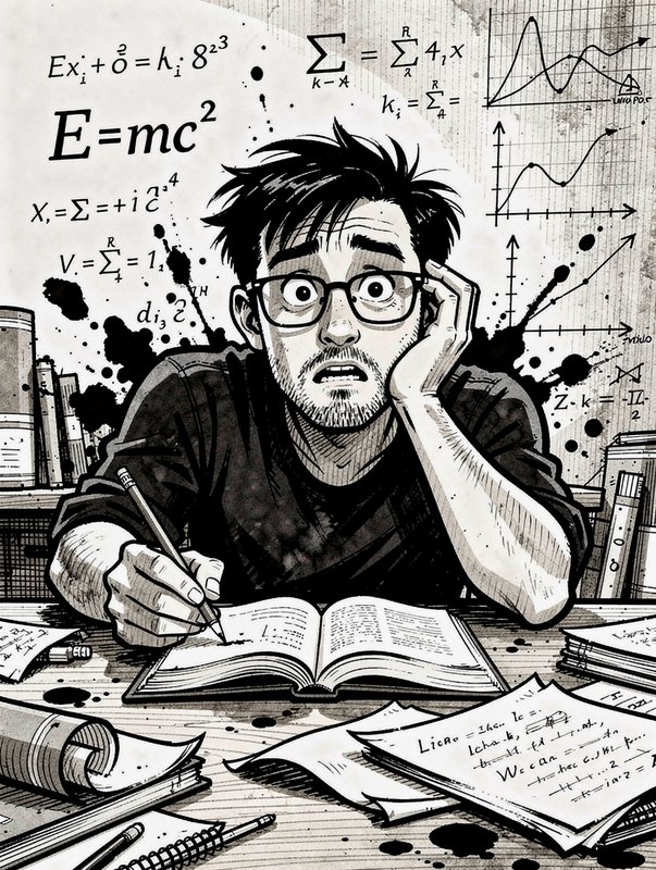 Black and white ink sketch of overwhelmed bespectacled student staring at a textbook, surrounded ...