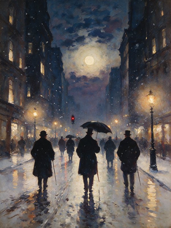 Impressionist oil painting of Victorian pedestrians on a snowy moonlit city street at night, lit ...