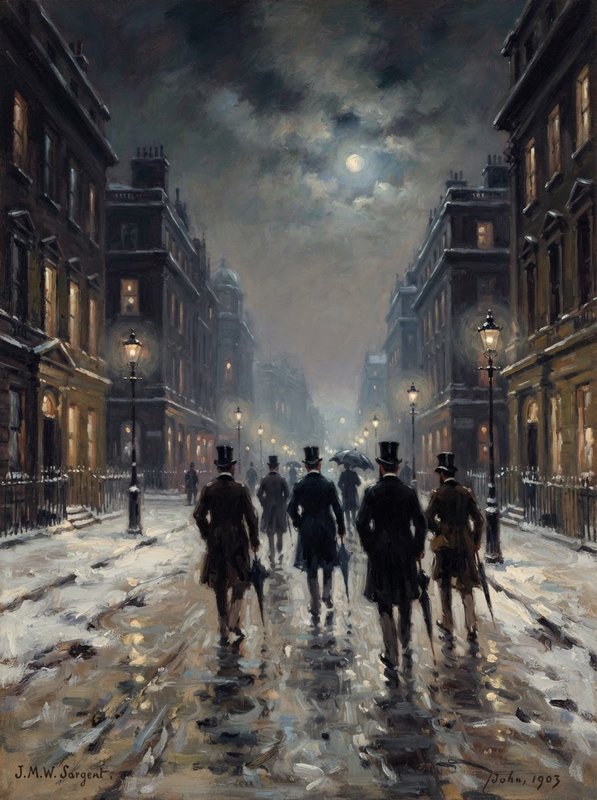 Impressionist oil painting of Victorian gentlemen walking down a snowy, moonlit London street at ...