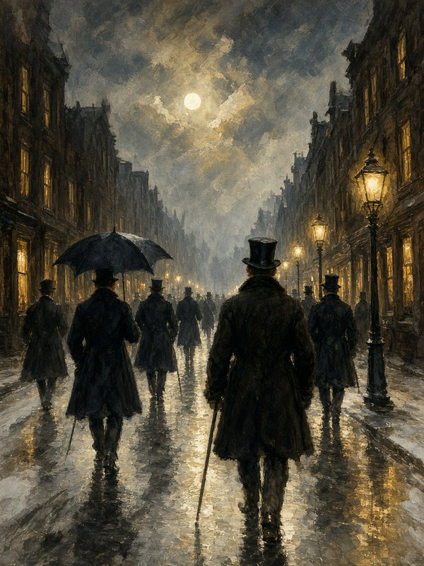 Impressionist oil painting of Victorian gentlemen walking along a wet, moonlit 19th century city ...