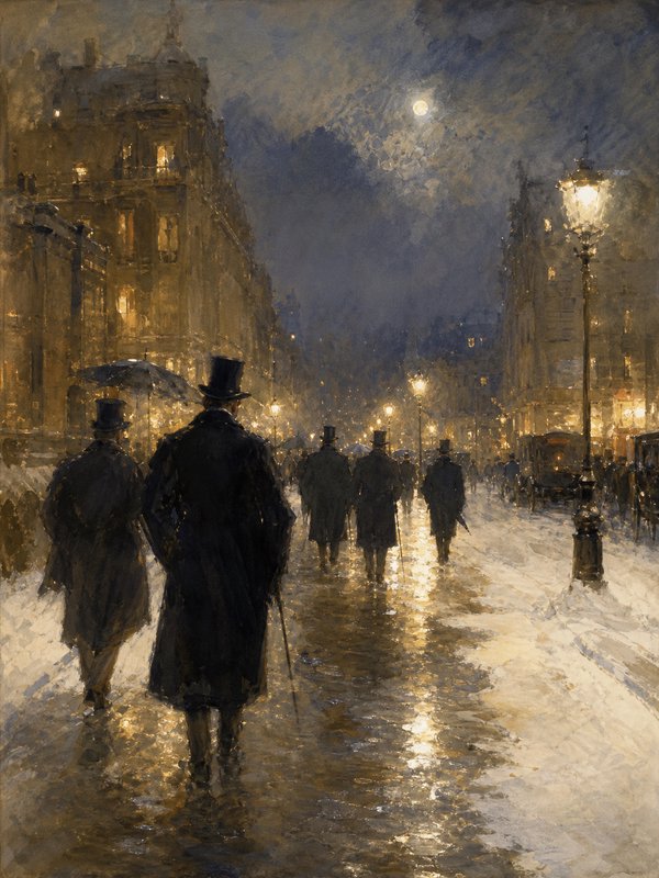 Impressionist painting of 19th century men in top hats walking a snowy moonlit Parisian street at...
