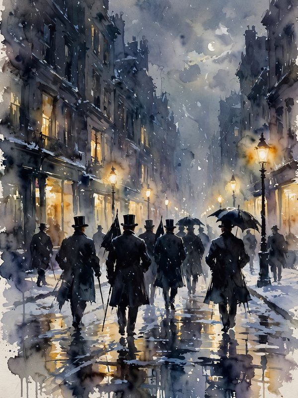 Watercolor illustration of Victorian top-hatted gentlemen walking down a snowy, gaslit 19th centu...