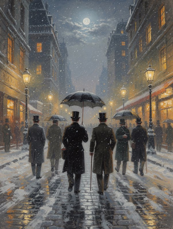 Oil painting of Victorian gentlemen in top hats walking a snow-dusted moonlit 19th century city s...