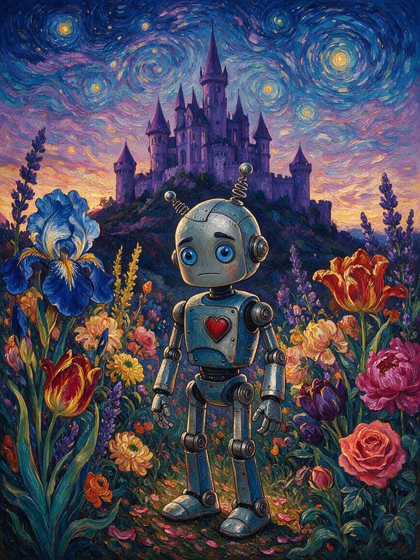 Retro tin robot with a red heart chest stands in a lush flower garden, below a fairy tale castle ...