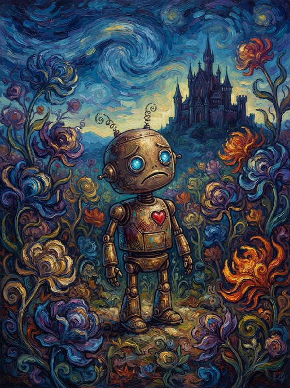 Melancholy brass robot with red heart on chest stands in swirly floral garden, under Van Gogh-sty...