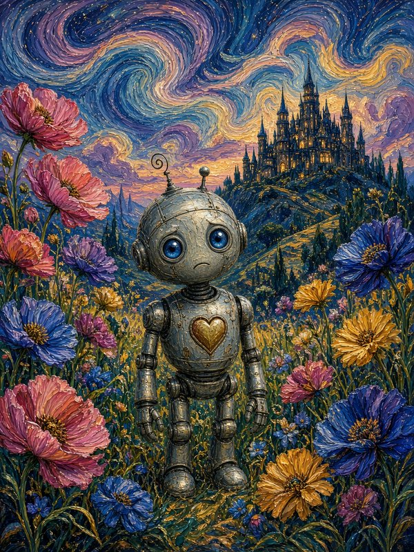 Melancholy retro tin robot with golden heart stands in wildflower field under swirling starry sky...