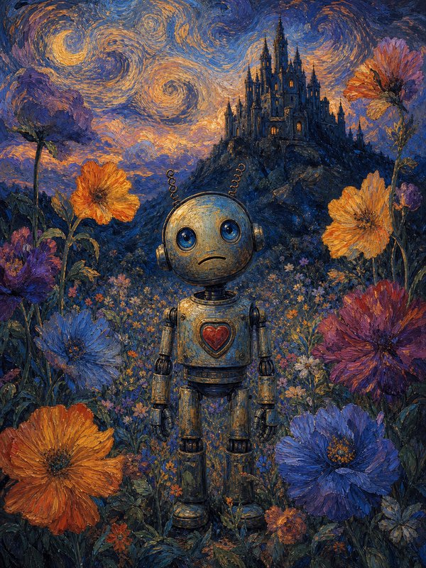 Wistful vintage robot with heart chest stands in wildflower field, swirling starry sky, hilltop f...