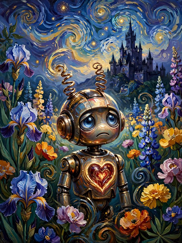 Wistful steampunk robot with a glowing heart sits in a wildflower field under a Van Gogh-style st...