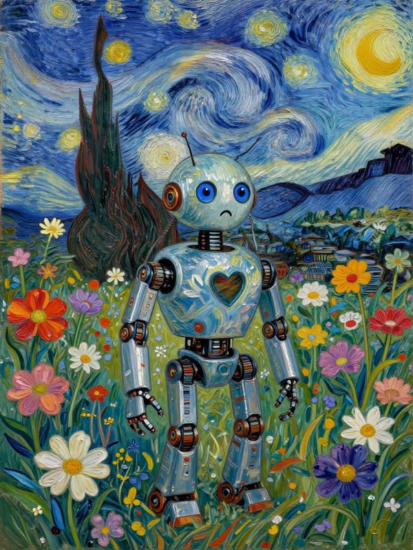 Van Gogh Starry Night style impasto painting of a sad retro robot standing in a colorful wildflow...