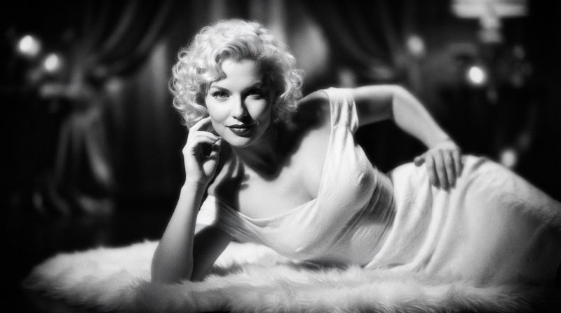 Black and white vintage portrait of curly blonde old Hollywood starlet reclining on a fur rug, sm...