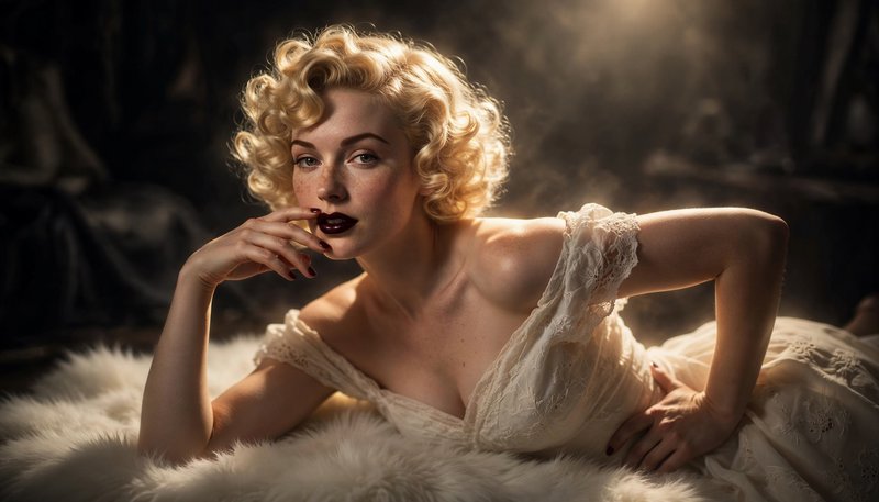 Vintage Hollywood portrait of curly blonde woman reclining on plush white fur rug with dramatic g...