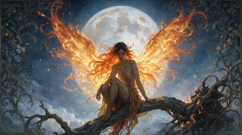 Fantasy fire-winged faerie perched on a gnarled branch, framed by ornate vines against a glowing ...