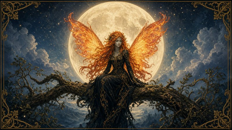 Winged fairy with fiery glowing wings sits on a gnarled tree branch, backlit by a giant full moon...