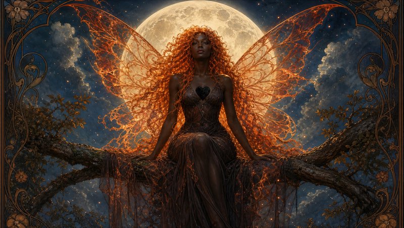 Regal fairy with fiery translucent wings sits on a tree branch, backlit by a glowing full moon, f...