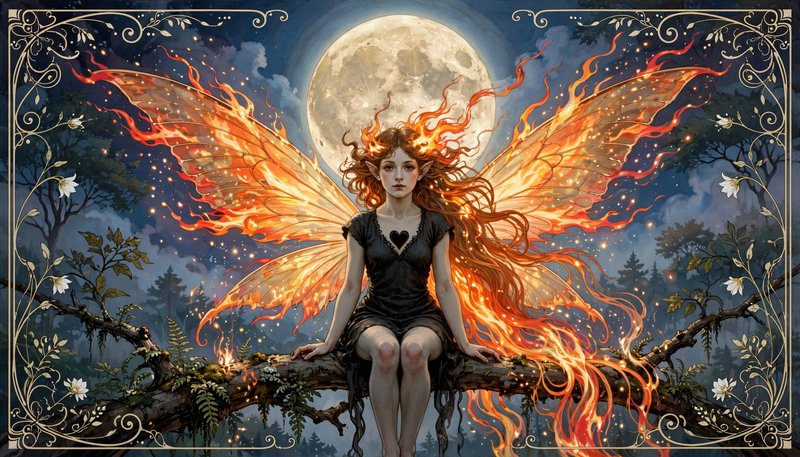 Ornate art nouveau illustration of a fire fairy with flame wings sitting on a forest branch under...