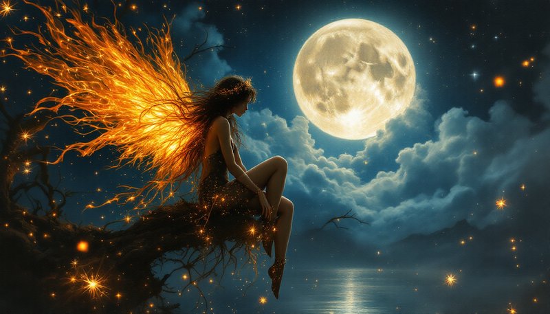 Pensive fairy with glowing fiery golden wings sits on a tree branch beneath a bright full moon in...