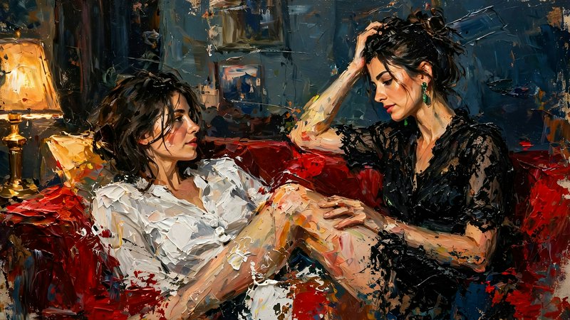 Impasto oil painting of two contemplative women seated on a deep red couch in a warm lamplit interior.
