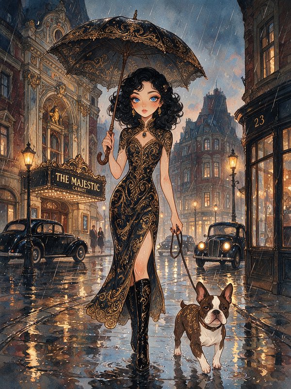 Elegant vintage woman holding an ornate umbrella walks her French bulldog down a rain-slicked 1920s city theater street