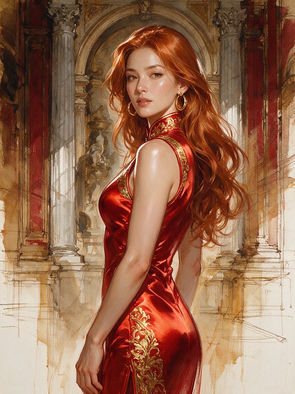 Elegant painted portrait of a long red-haired woman in an embroidered red qipao, standing before a classical columned