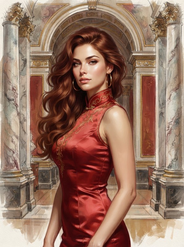 Watercolor portrait of elegant woman in embroidered red qipao, posed in an ornate marble palace hallway.