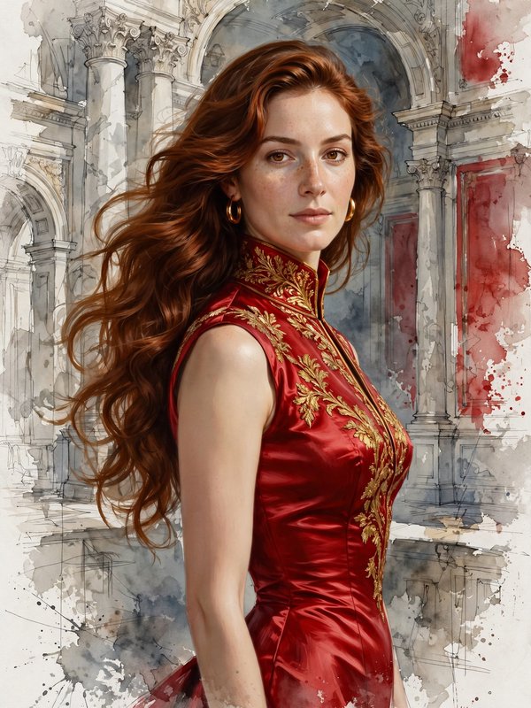 Watercolor portrait of elegant red-haired woman in embroidered red gown before classical stone arch architecture