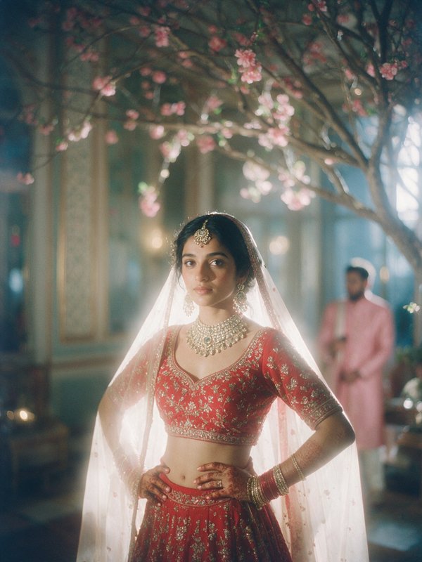 Elegant Indian bride in red embroidered bridal lehenga stands under pink flowering branches in a soft glowing wedding port...