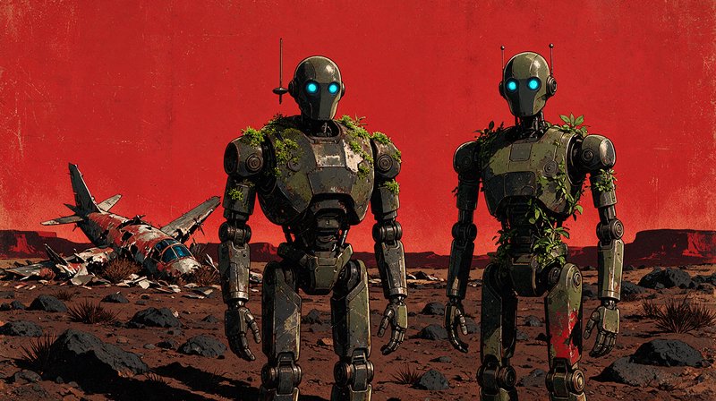 Two weathered moss-covered humanoid robots with glowing blue eyes stand in a post-apocalyptic desert beside a crashed