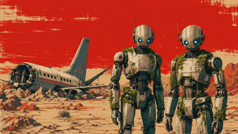 Two moss-covered weathered robots stand in a desert under a vivid red sky, beside a wrecked crashed commercial airplane