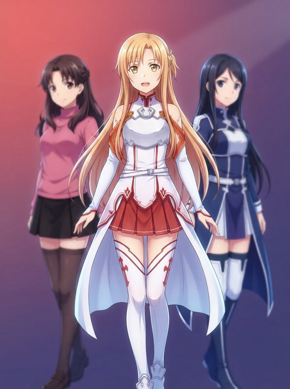 Anime group portrait of Asuna Yuuki centered, flanked by two female allies against a soft red-purple gradient background