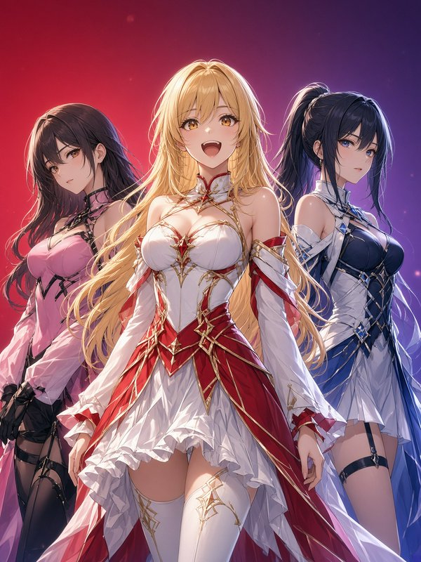 Three elegant fantasy anime heroines stand in a lineup against a glowing red to purple gradient background