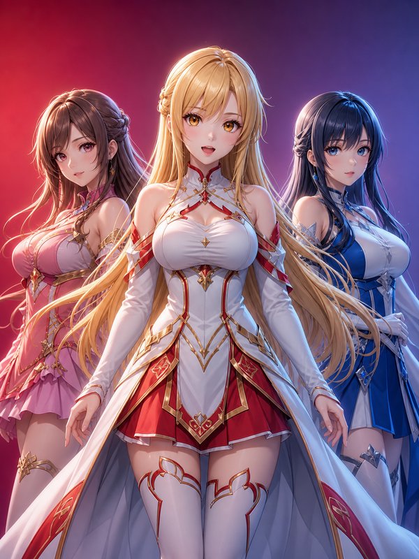 Three fantasy anime warrior girls in ornate magical battle outfits stand against a glowing red to purple gradient background