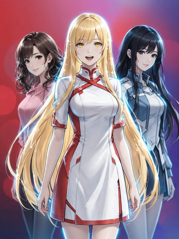 Three anime female characters, glowing long blonde lead at center, against red to purple gradient bokeh background
