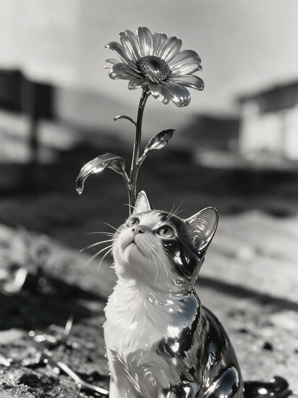 Surreal glossy metallic tuxedo cat gazing up at a shiny chrome daisy in a black and white outdoor scene