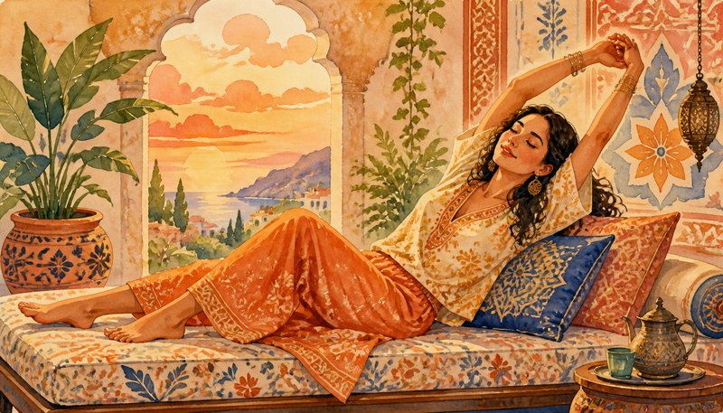 Watercolor illustration of a relaxed woman stretching on an ornate Mediterranean terrace overlooking a glowing coastal