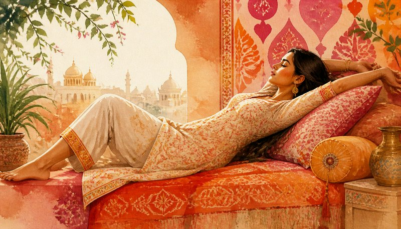 Watercolor illustration of a relaxed South Asian woman reclining on a patterned daybed with a Mughal palace view