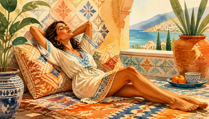Warm watercolor illustration of a relaxed sun-kissed woman lounging on a sunlit Mediterranean coastal terrace.