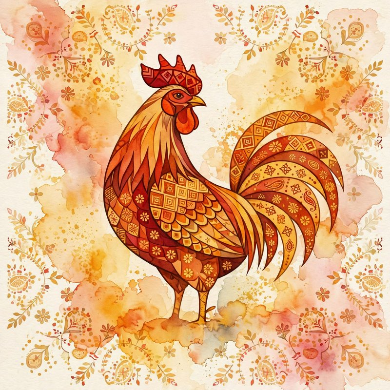 Ornate folk art rooster illustration with patterned feathers on warm watercolor floral paisley background