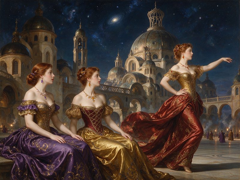 Three red-haired noblewomen in ornate gowns gather before a domed fantasy palace under a starry cosmic night sky