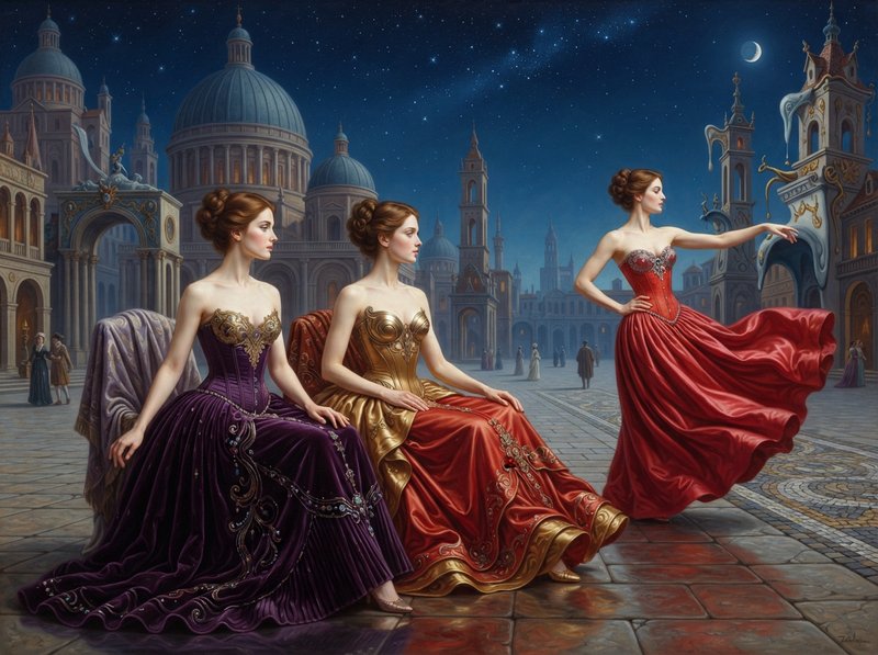Three elegant women in ornate fantasy ballgowns gather in a grand magical city square under a starry crescent moon night sky.