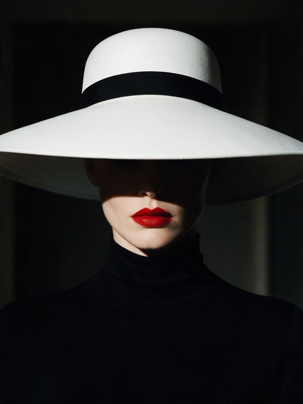Portrait of elegant woman in wide white brimmed hat, bold red lipstick, eyes shadowed by brim against dark studio background.