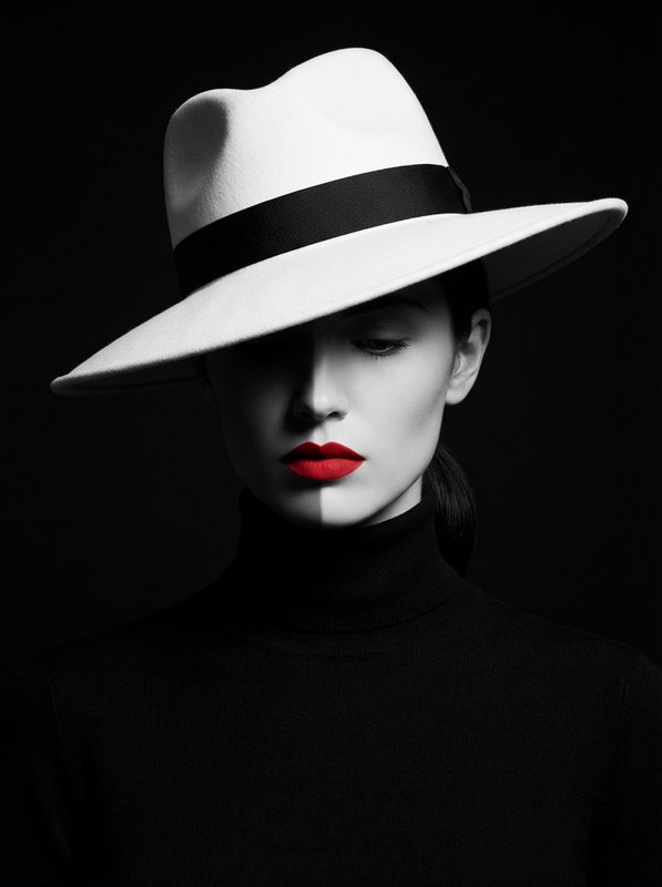 High contrast studio portrait of an elegant woman in a white fedora hat with bold red lipstick against a solid black