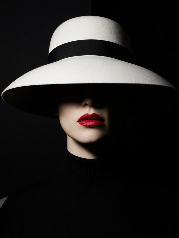 Close up fashion portrait of woman in wide white hat, bold red lipstick, eyes cast in shadow against black background