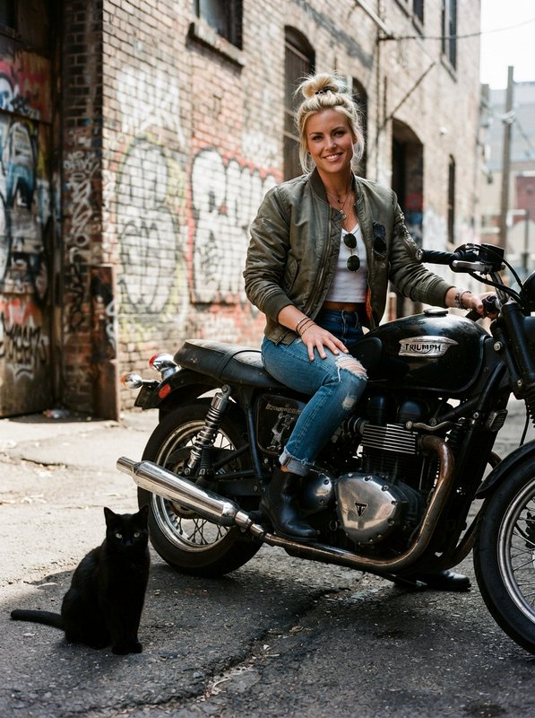 Smiling blonde woman seated on a vintage Triumph motorcycle, with a sitting black cat, in a graffiti-covered urban alley.