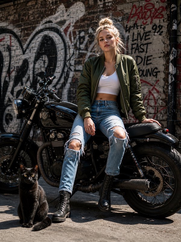 Blonde woman in green bomber jacket sits on black cafe racer beside a sitting black cat against graffiti covered brick wall.